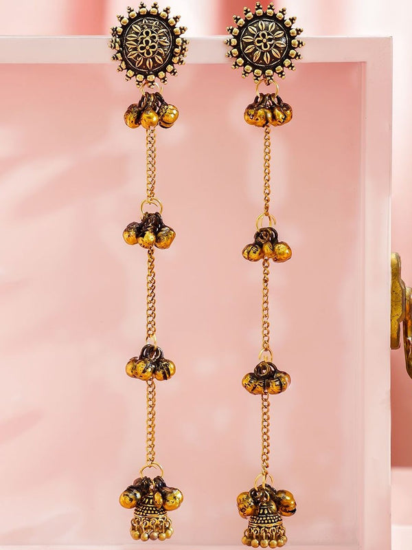 Rubans Oxidised 18K Gold Plated Flower Motif & Golden Ghungroo Beaded Long Drop Earrings