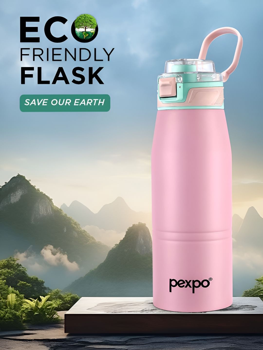 Pexpo Pink & Green Try Ply Stainless Steel Double Wall Vacuum Water Bottle 740 ml