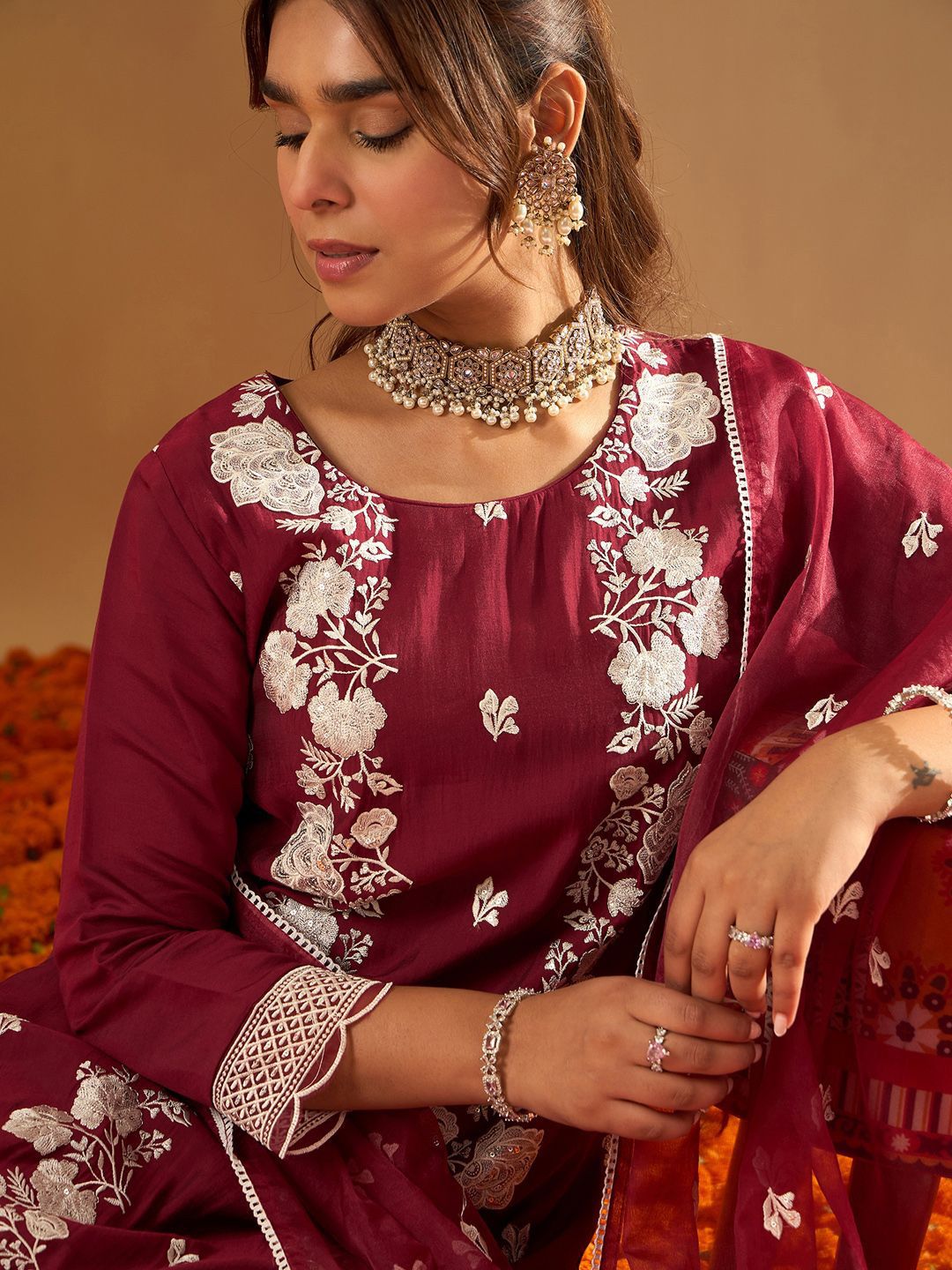 Indo Era Floral Embroidered Straight Thread Work Kurta with Trousers & Dupatta