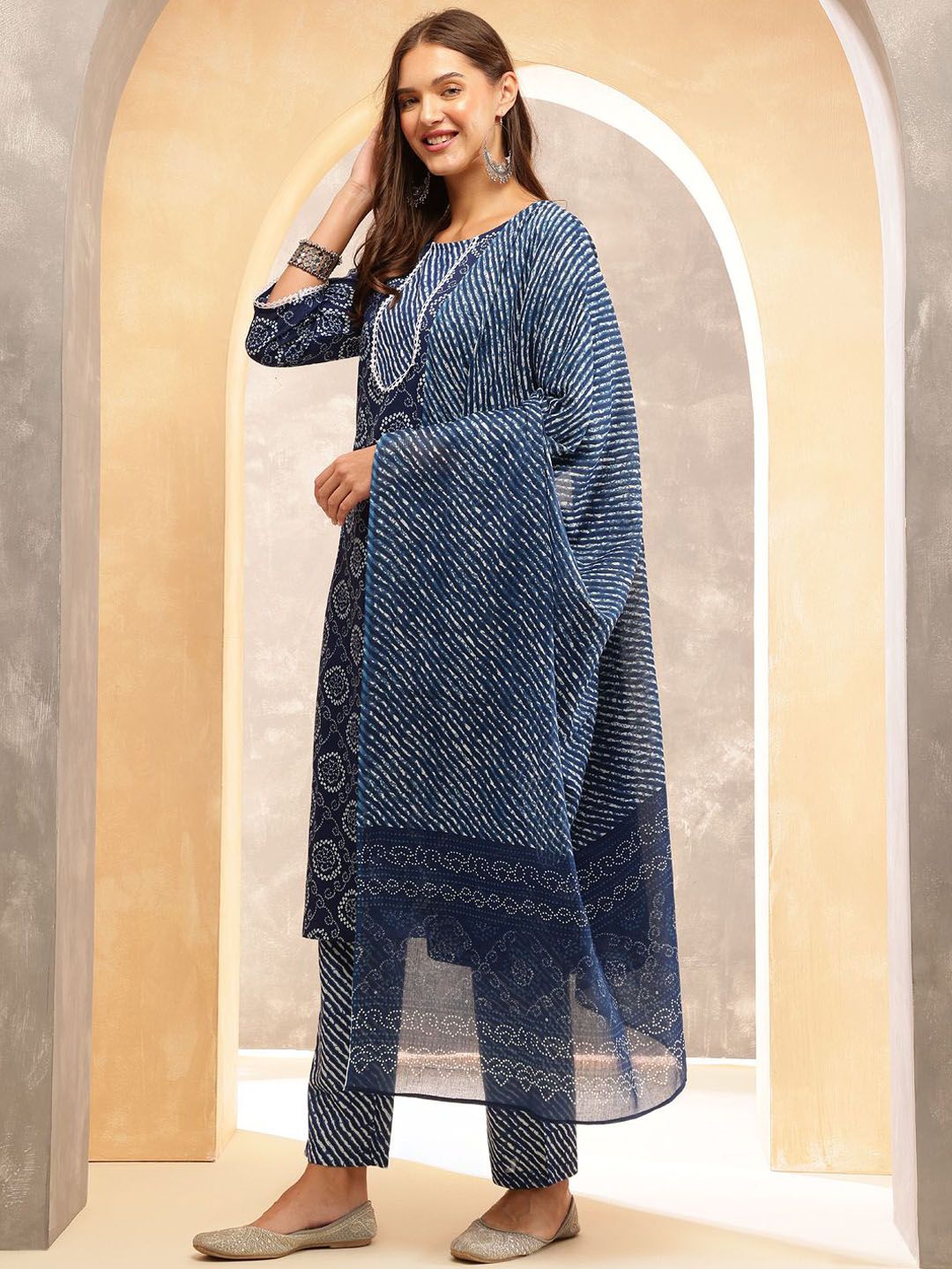 Anouk Women Ethnic Motifs Printed Regular Sequinned Pure Cotton Kurta with Trousers & With Dupatta