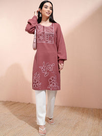 Vishudh Women Floral Printed Round Neck Long Sleeves Regular Straight Kurta