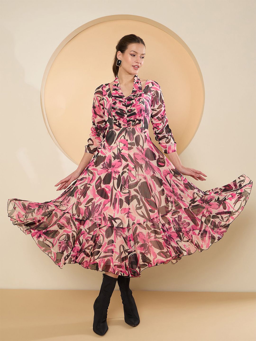 Antheaa Floral Print Halter Neck Chiffon Fit & Flare Midi Dress