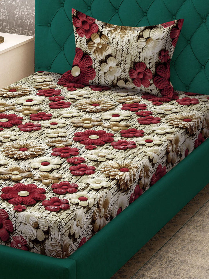KLOTTHE Beige Floral Printed Dilengkapi 300 TC Single Cadar 7D Dengan Sarung Bantal