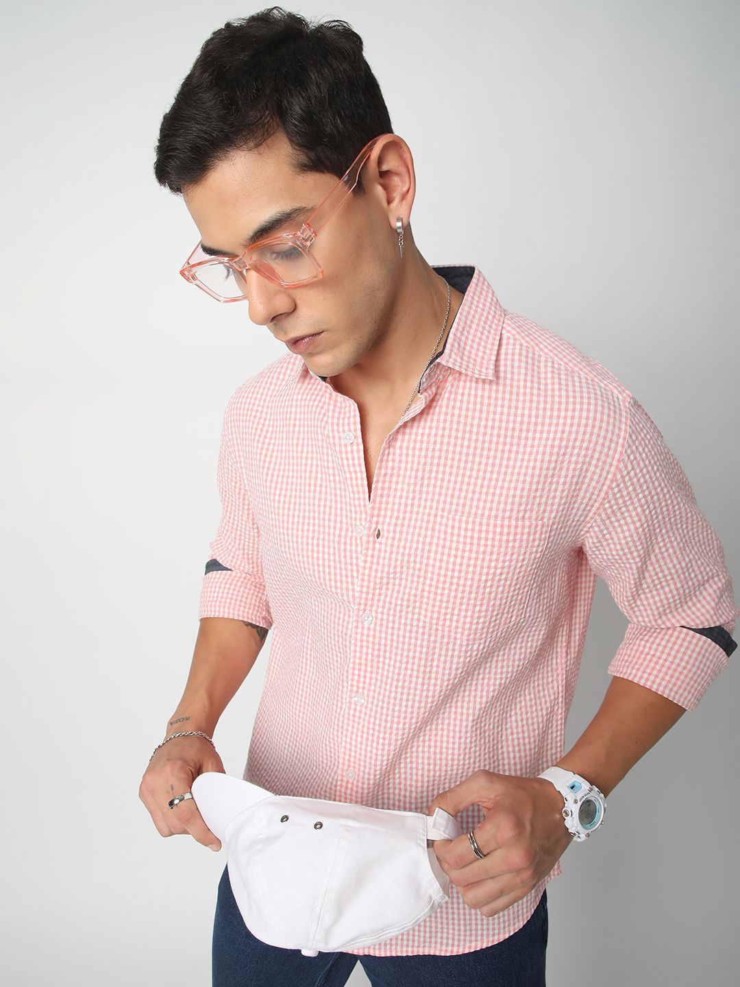 VASTRADO Men Classic Spread Collar Gingham Checked Cotton Slim Fit Casual Shirt