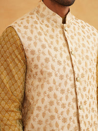 SOJANYA Ethnic Motifs Woven design Band Collar Kurta With Churidar And Nehru Jacket