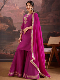 House of Pataudi Floral Embroidered Straight Kurta & Sharara with Dupatta