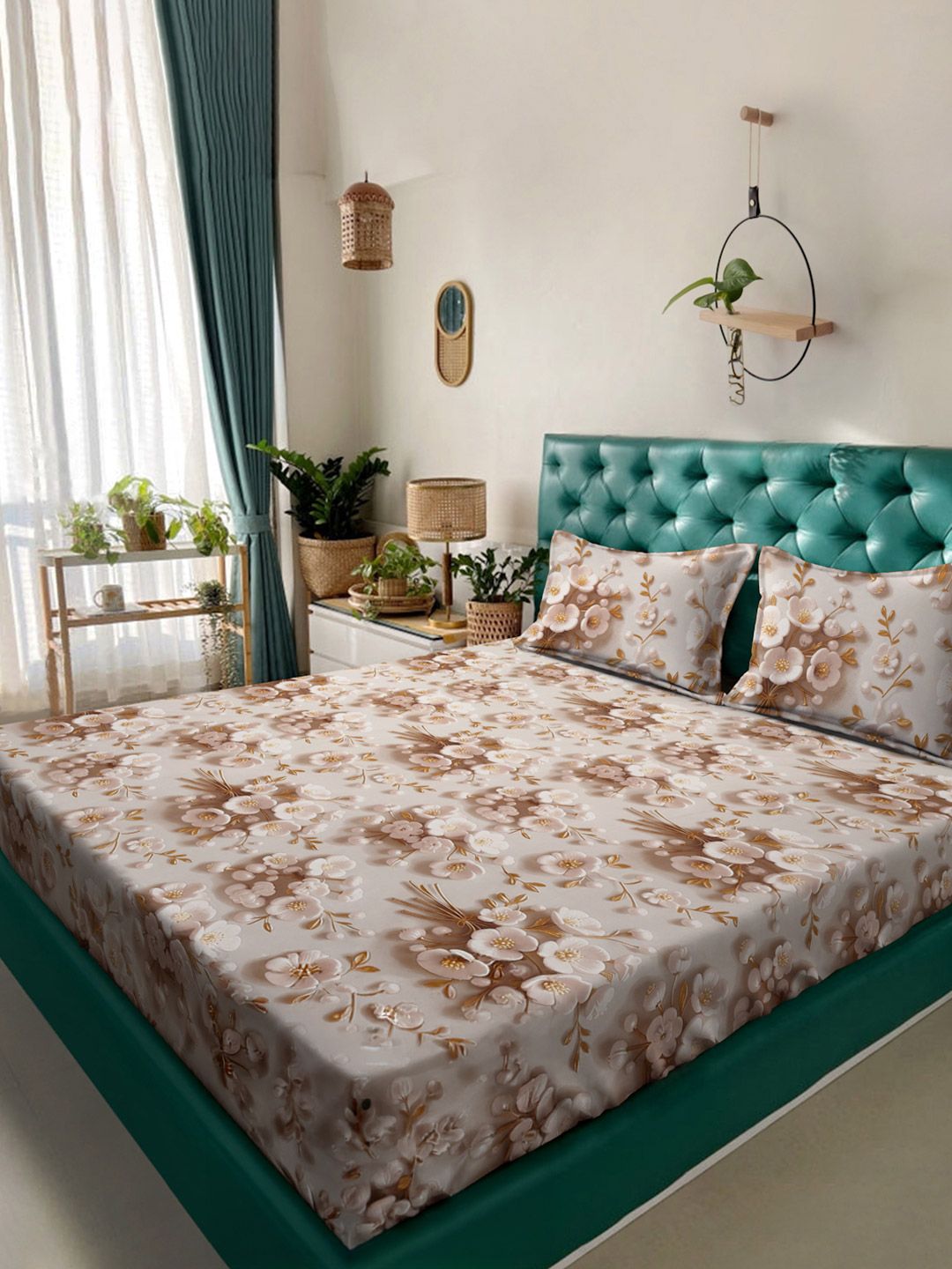 KLOTTHE Cream Floral Printed Fitted 300 TC King 7D Bedsheet With 2 Pillow Cover