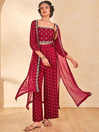 Global Desi Floral Printed Top & Trouser With Shrug Co-Ords