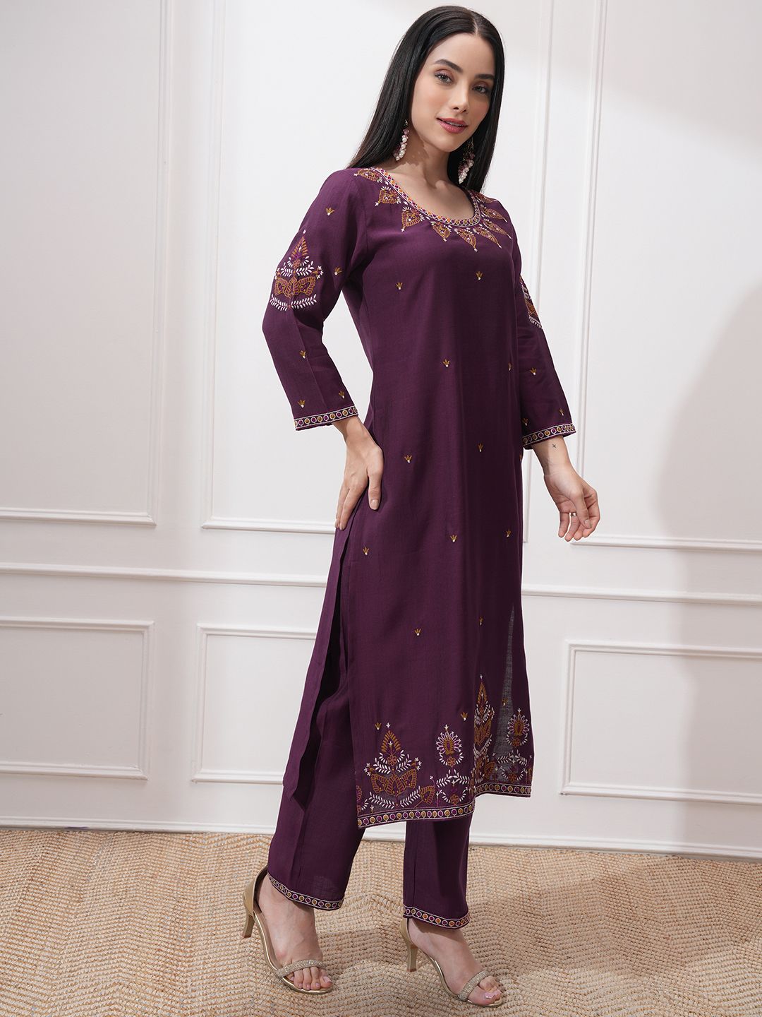 Vishudh Women Ethnic Motifs Embroidered Regular Thread Work Kurta with Trousers & With Dupatta