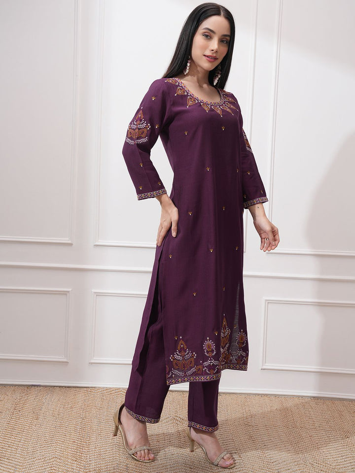 Vishudh Women Ethnic Motifs Embroidered Regular Thread Work Kurta with Trousers & With Dupatta