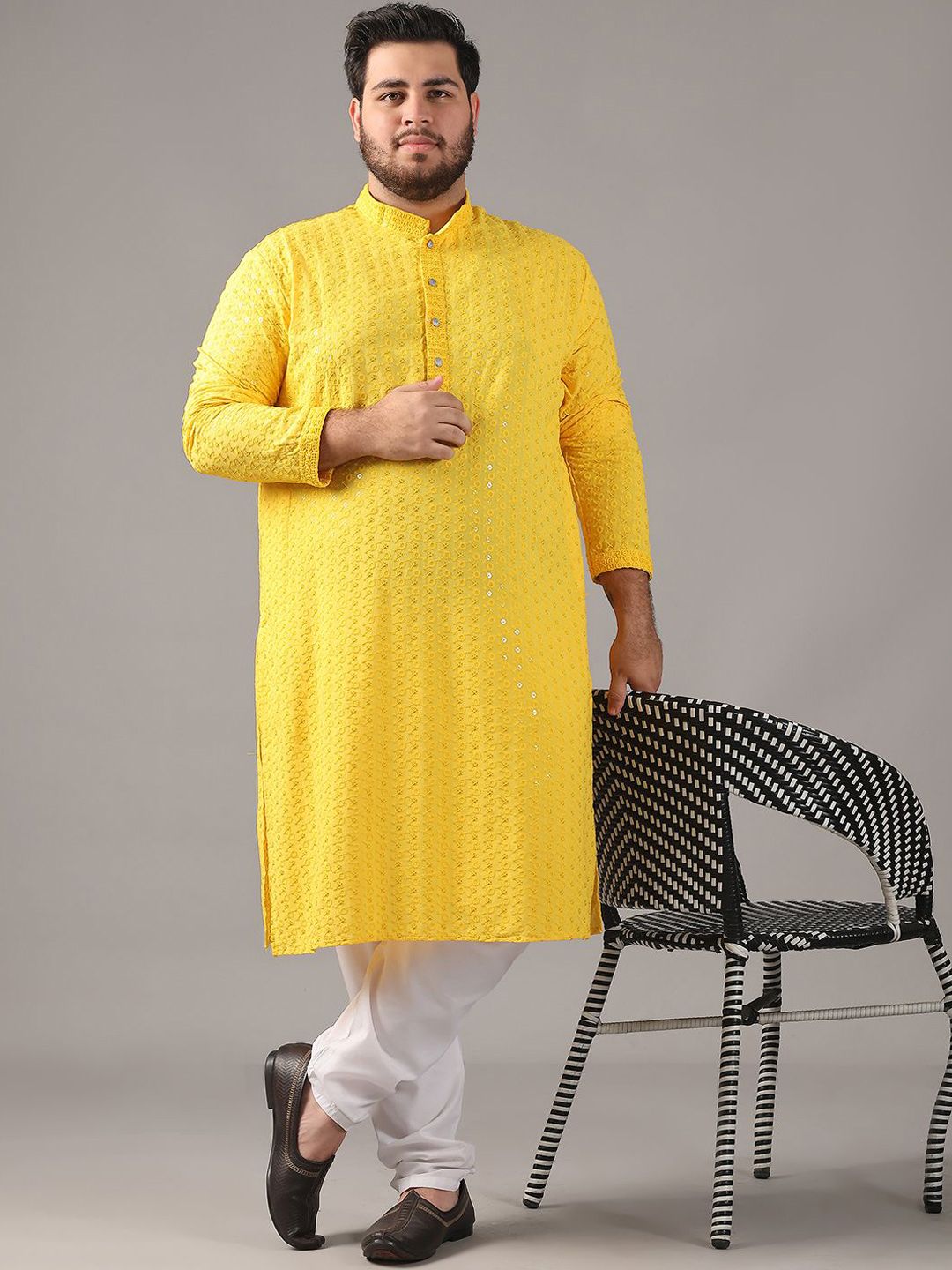 SOJANYA PLUS Size Floral Embroidered Band Collar Sequin Cotton Straight Kurta