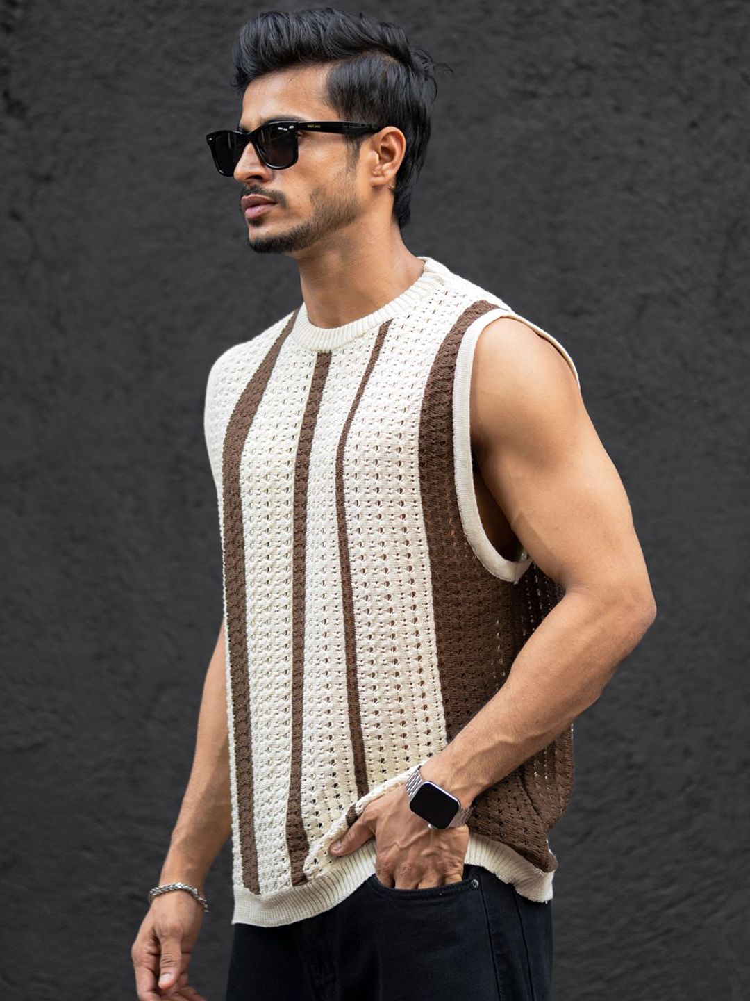 Powerlook Striped Round Neck Sleeveless T-Shirt