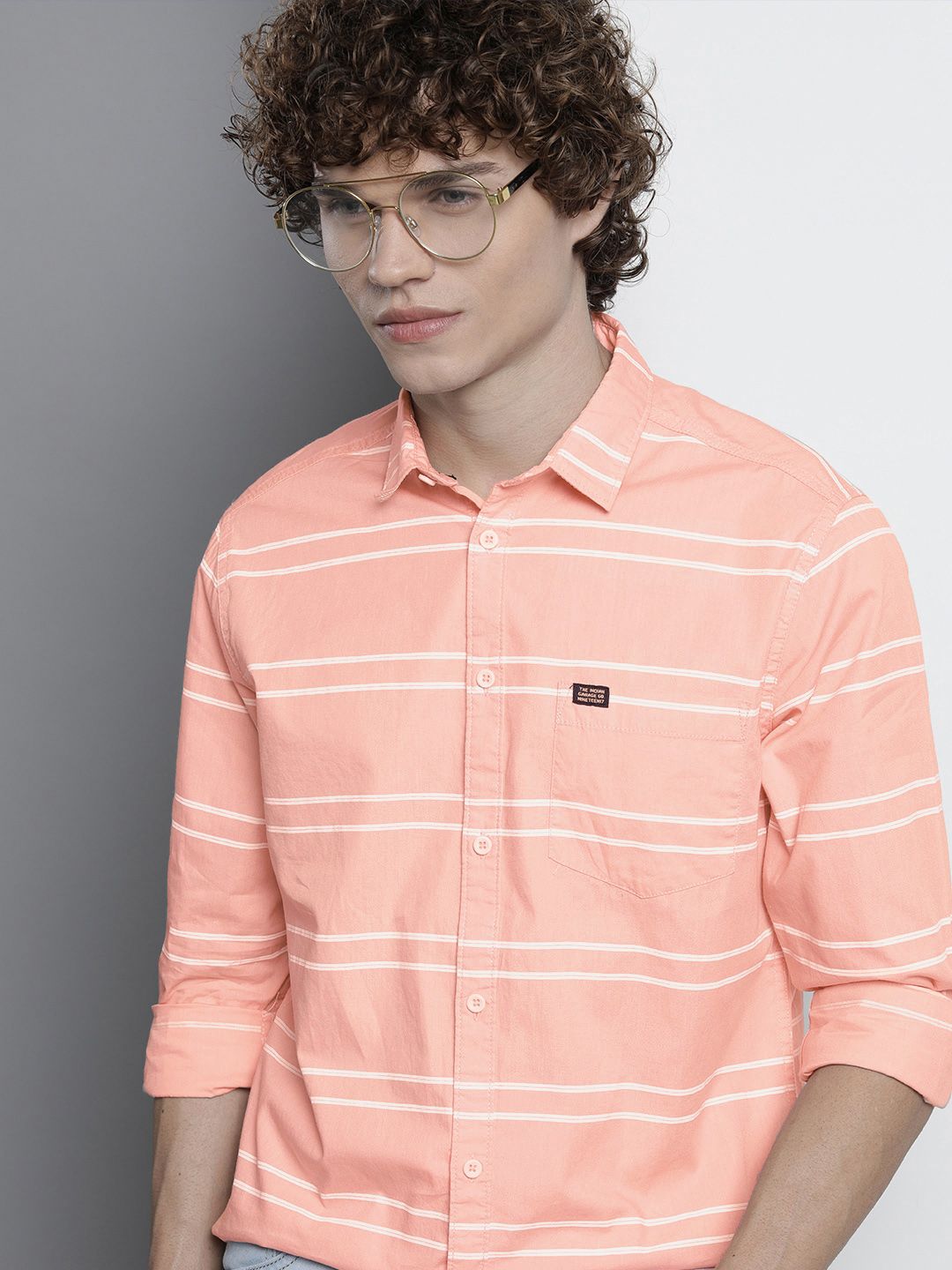 The Indian Garage Co Men Peach-Coloured Horizontal Striped Casual Shirt