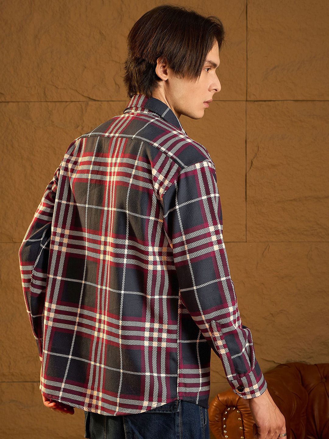 DENNISON Men Double Pocket Drop Shoulder Oversized Cotton Checked Shacket
