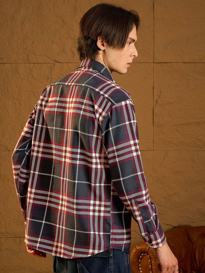 DENNISON Men Double Pocket Drop Shoulder Oversized Cotton Checked Shacket