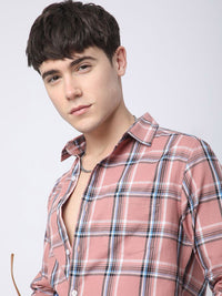 VASTRADO Premium Cotton Dark Peach Dupplin Checked Pure Cotton Shirt