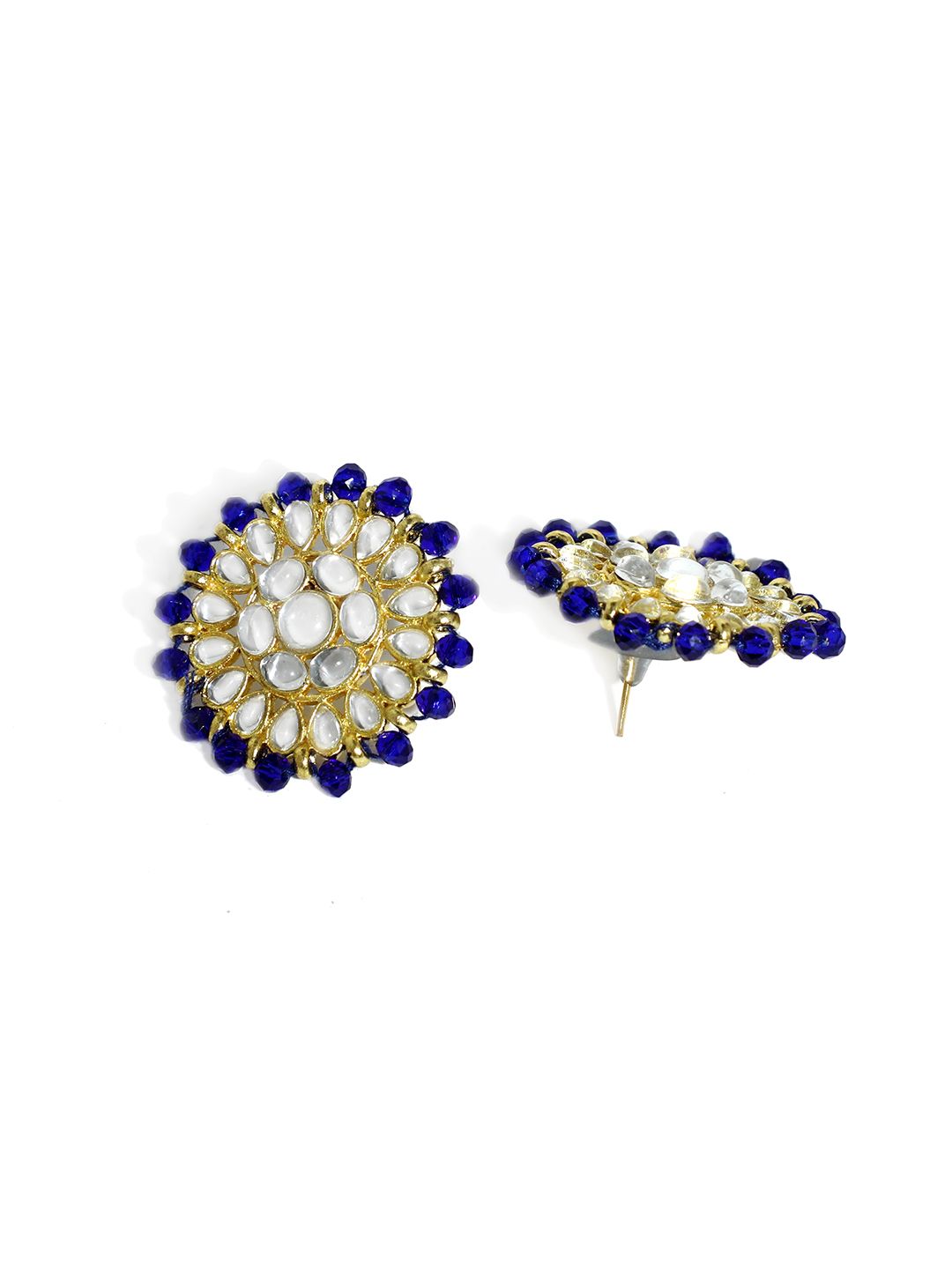 KARATCART Gold-Plated White Crystal & Kundan-Studded & Blue Beaded Handcrafted Jewellery Set