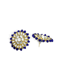 KARATCART Gold-Plated White Crystal & Kundan-Studded & Blue Beaded Handcrafted Jewellery Set