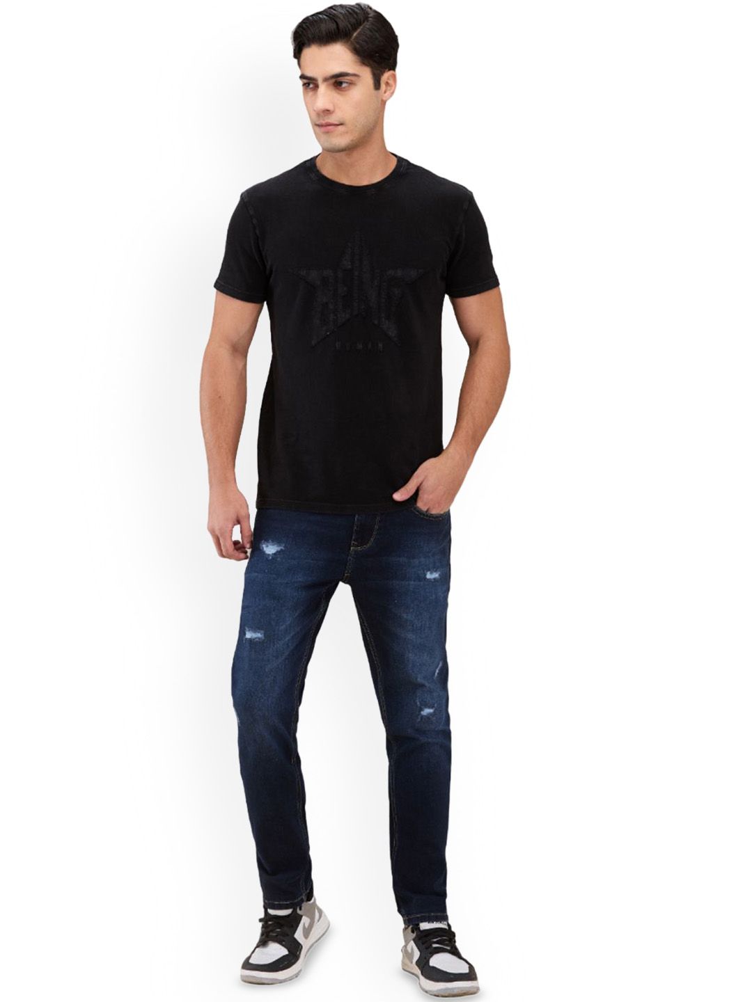 Being Human Men Classic Slim Fit Mildly Distressed Light Fade Stretchable Jeans