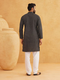 SOJANYA Floral Printed Band Collar Cotton Linen Kurta Lurus Dengan Churidar