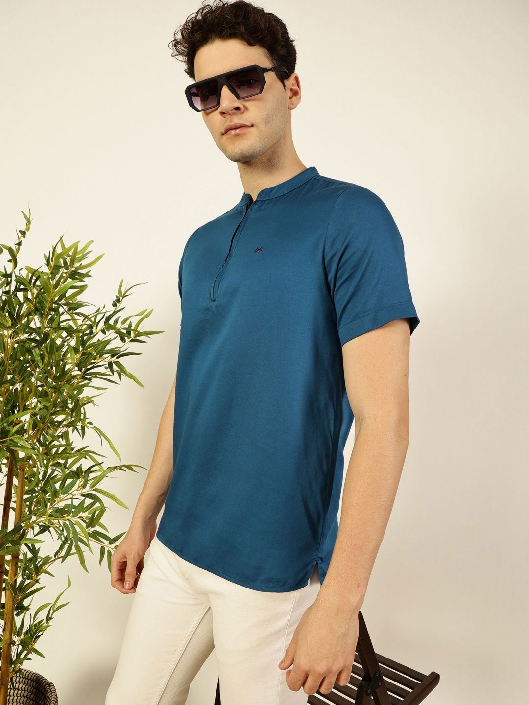 Thomas Scott Men Solid Mandarin Collar Cotton T-Shirt