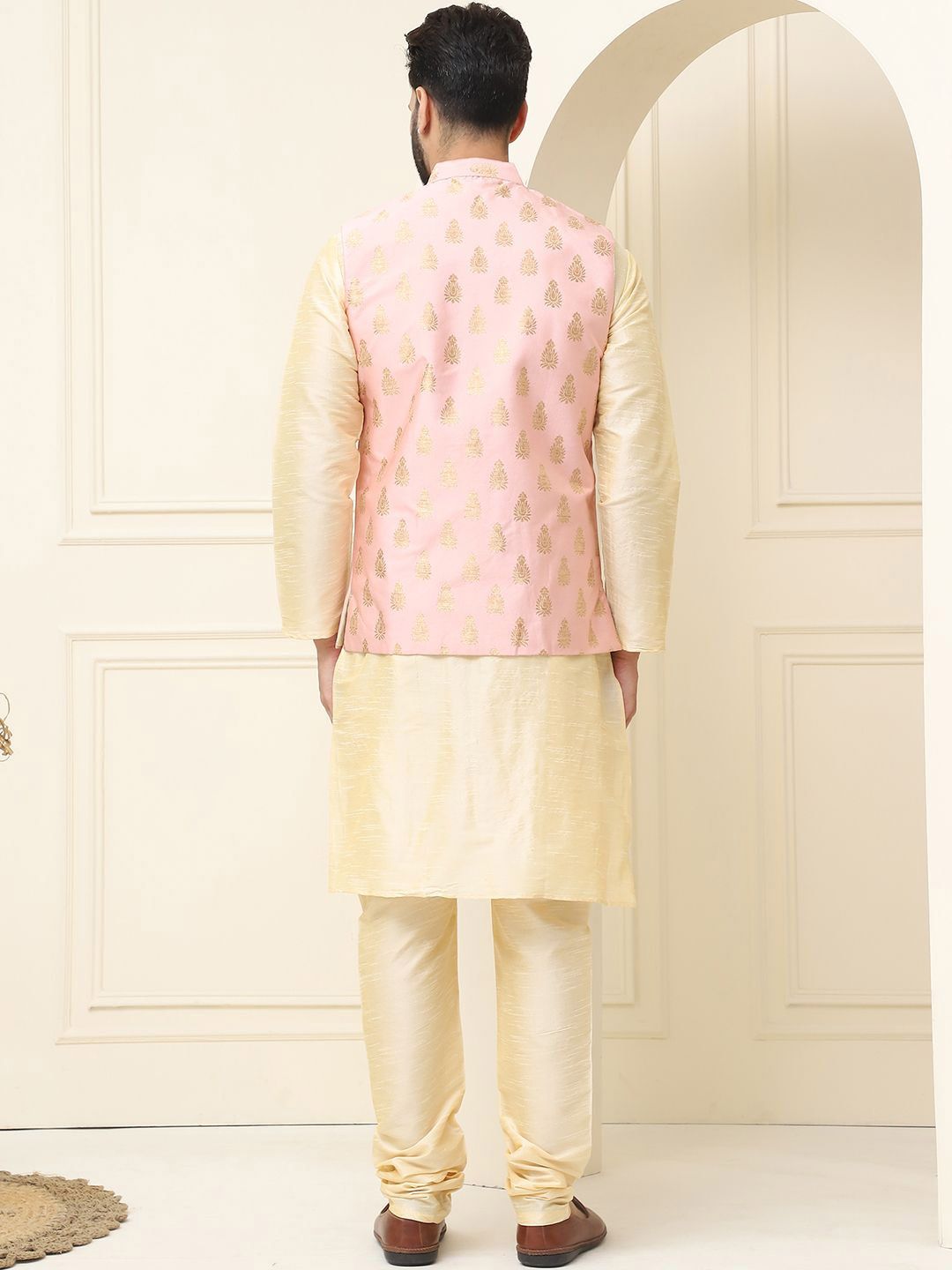 SOJANYA Mandarin Collar Silk Cotton Kurta With Churidar & Woven Design Nehru Jacket