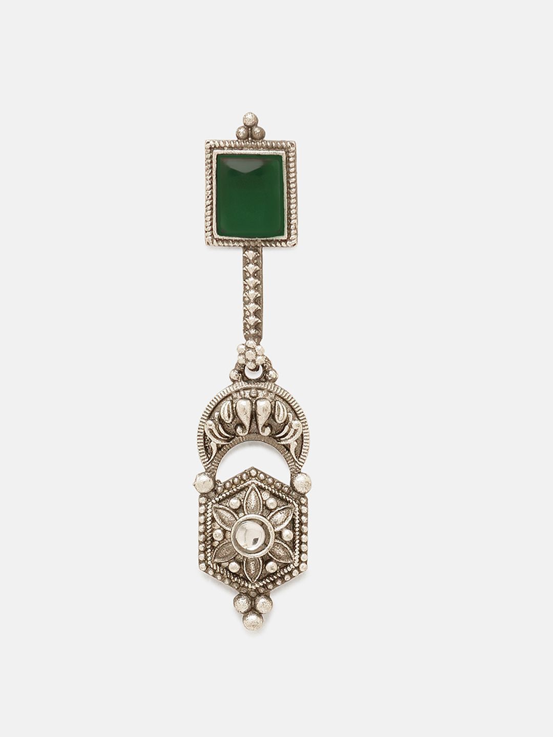 Priyaasi Silver-Plated Emerald Stone Studded Contemporary Oxidized Drop Earrings