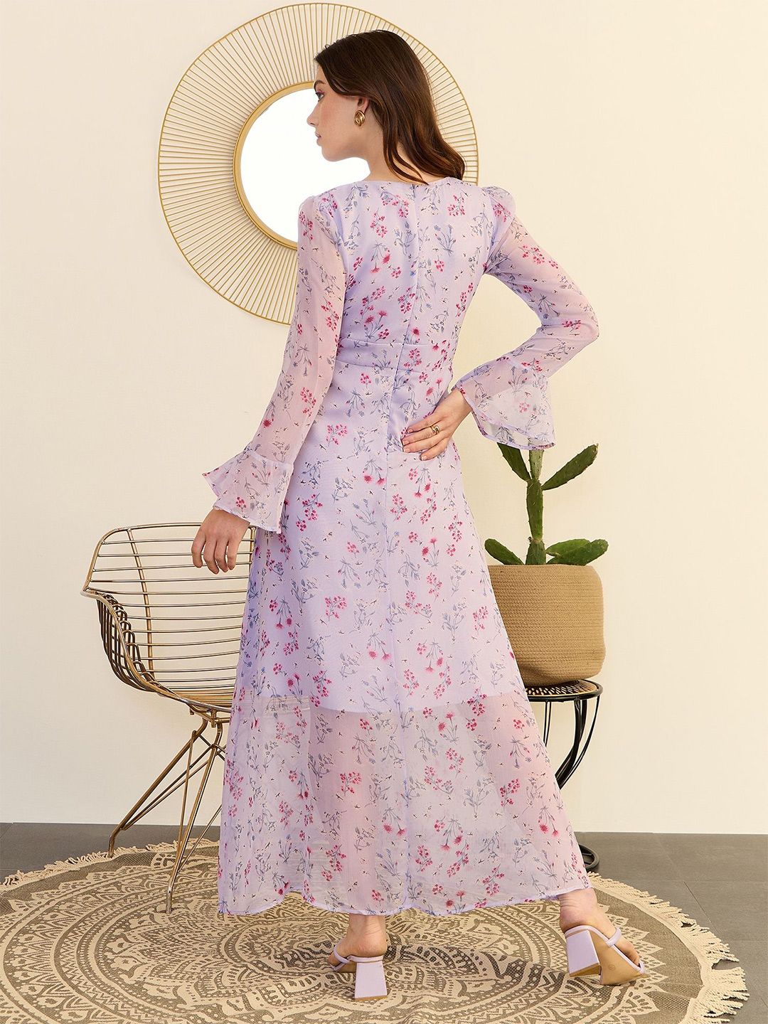 Berrylush Floral Printed Bell Sleeve Chiffon A-Line Maxi Dress