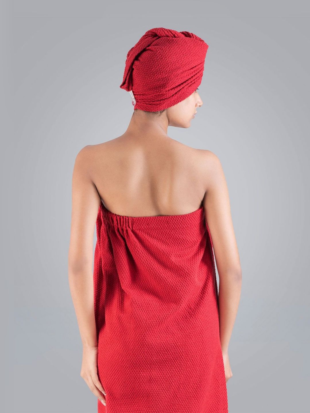 MYTRIDENT Red Cotton Bath Robe With Headwrap
