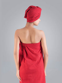 MYTRIDENT Red Cotton Bath Robe With Headwrap