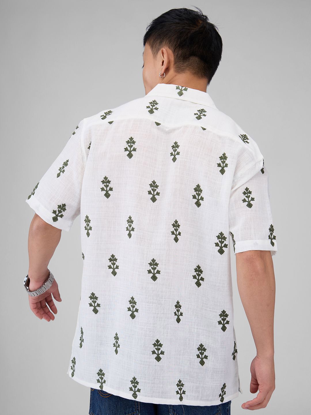 VASTRADO White & Olive Embroidered Cuban Collar Oversized Shirt