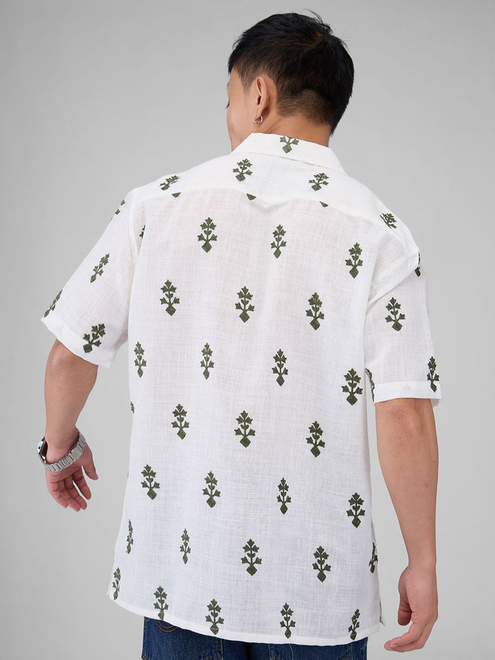 VASTRADO White & Olive Embroidered Cuban Collar Oversized Shirt