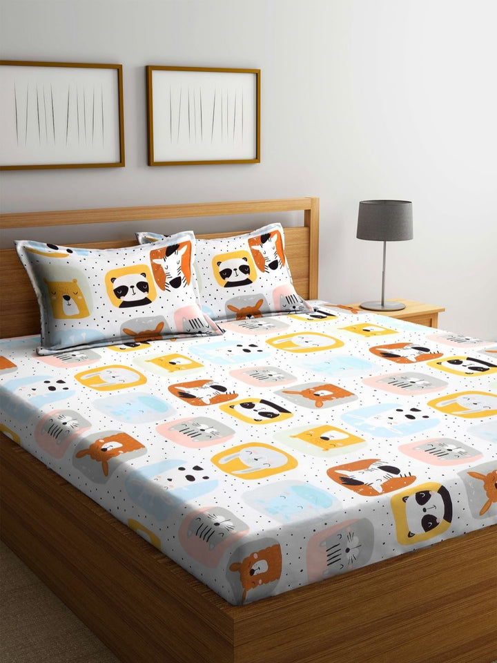Aura White & Orange Cartoon Printed Dilengkapi Cadar King 300TC Dengan 2 Sarung Bantal