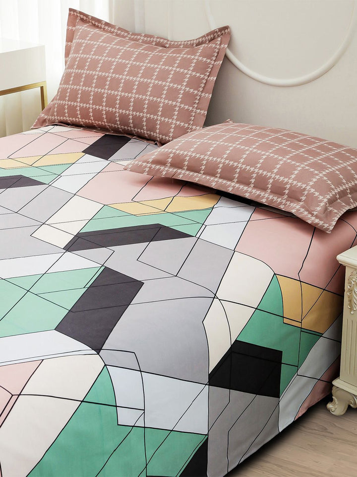 Story@home Green Geometric Printed 240 TC Satin Finish Queen Bedsheet Set