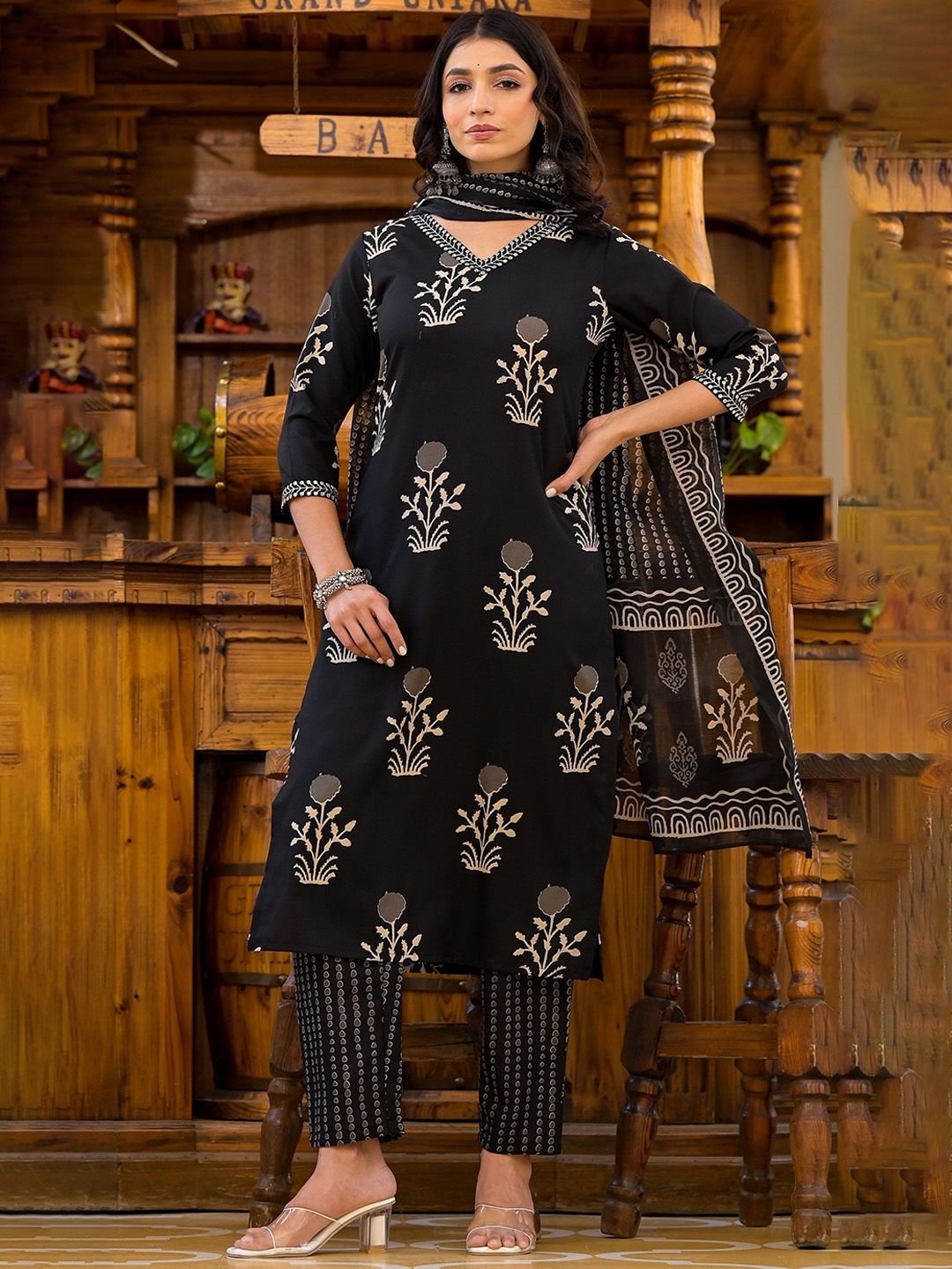 KALINI Ethnic Motifs Printed Sequinned Straight Kurta With Trousers & Dupatta
