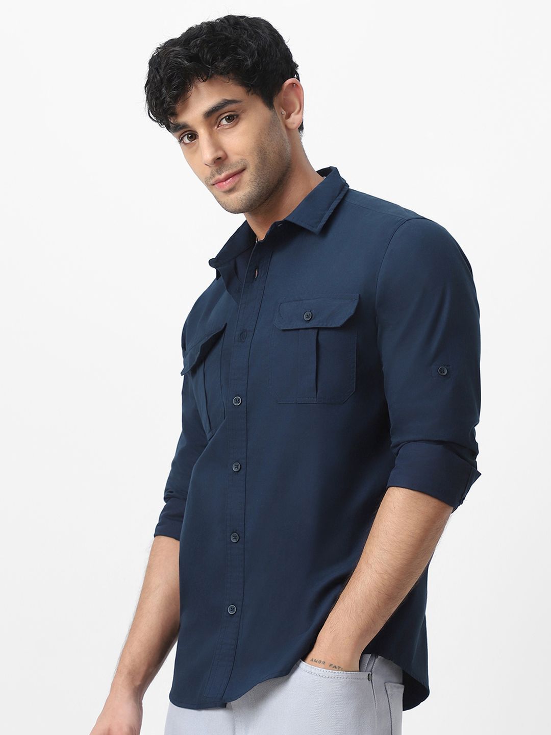 Urbano Fashion Men Spread Collar Solid Cotton Casual Shirt