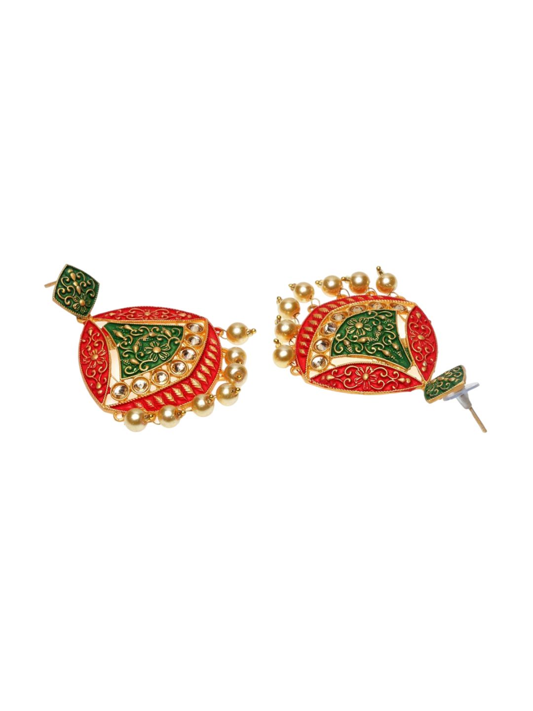 Anouk Red & Green Gold-Plated Stone-Studded & Beaded Contemporary Drop Earrings