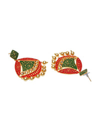 Anouk Red & Green Gold-Plated Stone-Studded & Beaded Contemporary Drop Earrings