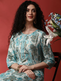 Anouk Blue & Off White Floral Printed Round Neck Straight Kurta & Trousers