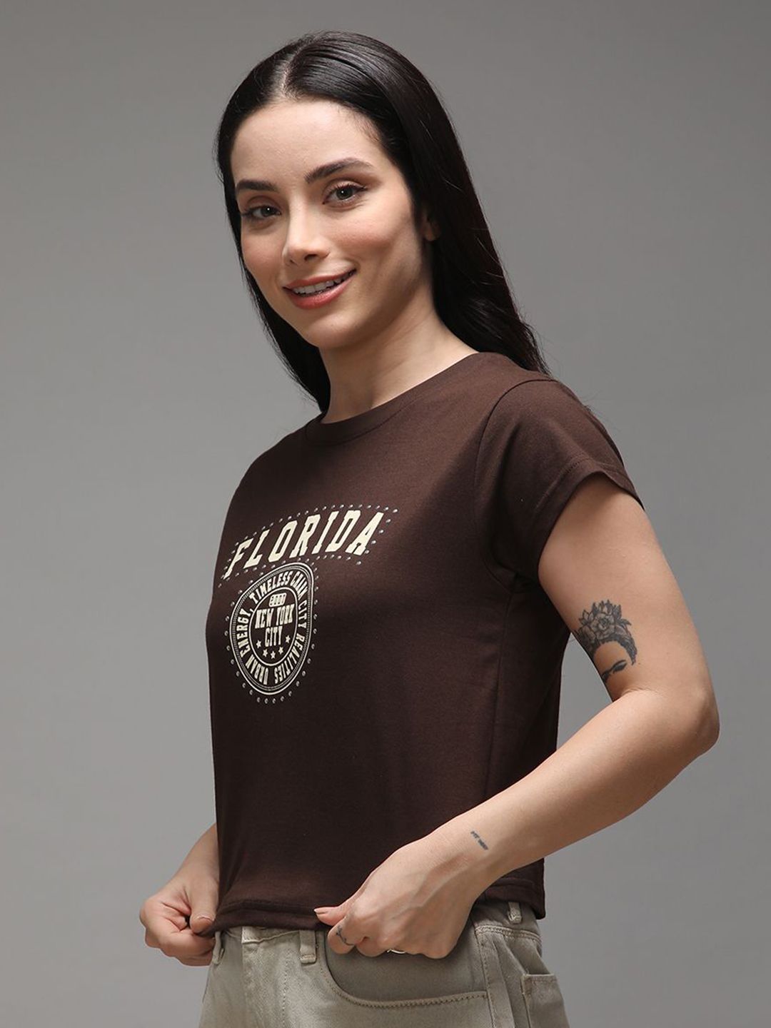 DILLINGER Women Regular Fit Cropped Crew Neck Varsity Printed Tshirt