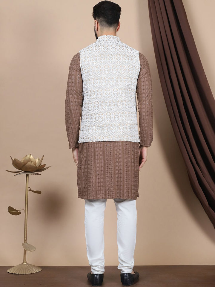 Anouk Brown Floral Embroidered Straight Thread Work Pure Cotton Kurta with Churidar
