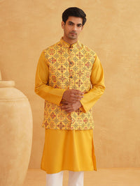 SOJANYA Band Collar Straight Kurta Dengan Churidar Dan Jaket Nehru