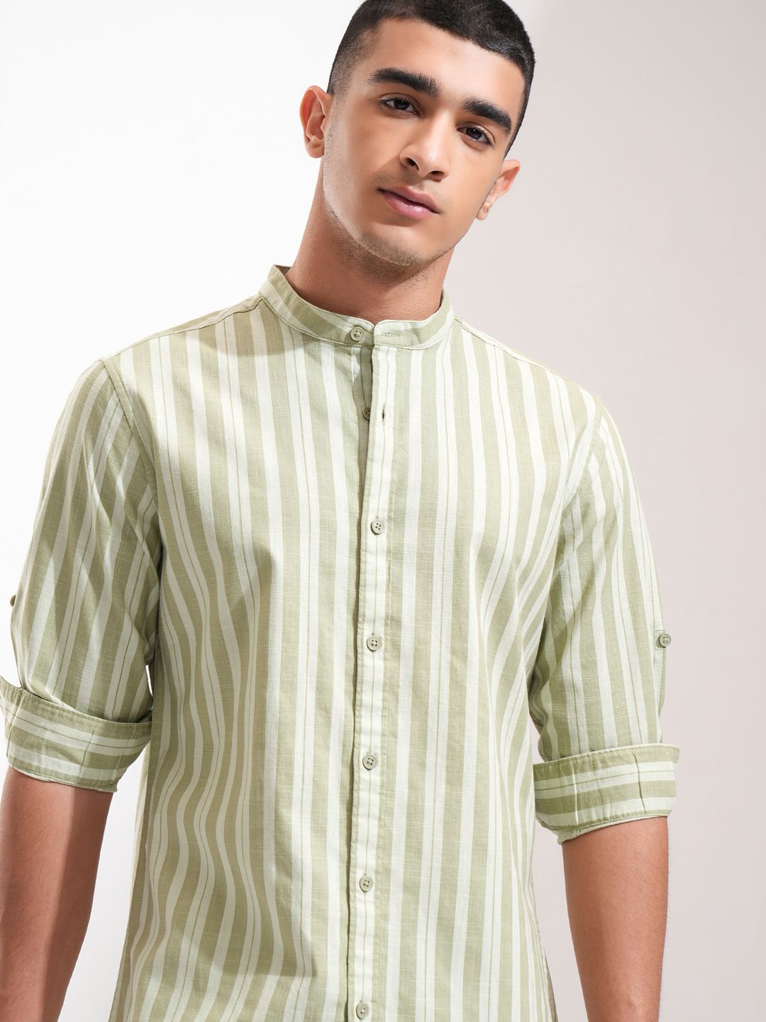 Highlander Men Cotton Linen Printed Striped Mandarin Collar Roll Up Sleeve Casual Shirt