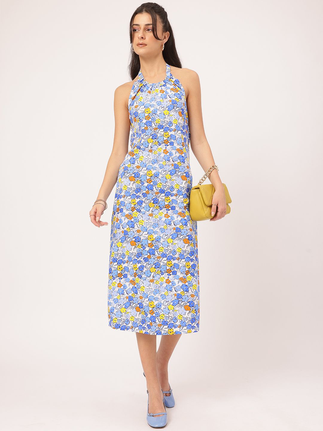 DressBerry Flirty Fusion Floral-Printed Halter Neck Open-Back Sheath Midi Dress