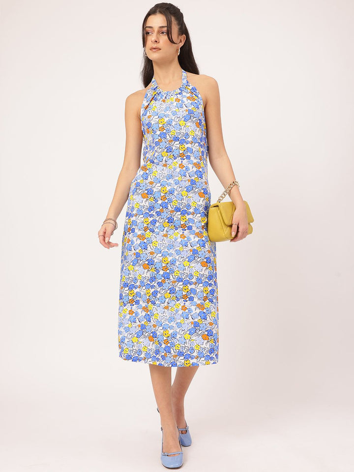 DressBerry Flirty Fusion Floral-Printed Halter Neck Open-Back Sheath Midi Dress