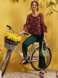 QUIERO Women Floral Printed Bell Sleeves A-Line Top