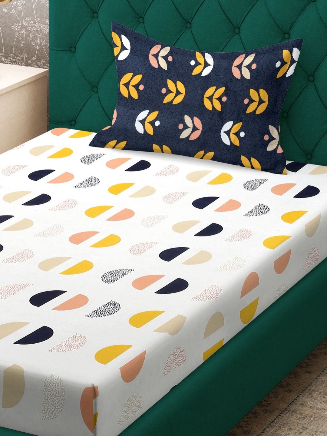 Aura White Geometric Cotton 300 TC Single Fine Bedsheet with a Pillow Cover-89 x 59 inches
