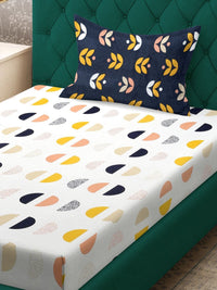 Aura White Geometric Cotton 300 TC Single Fine Bedsheet with a Pillow Cover-89 x 59 inches