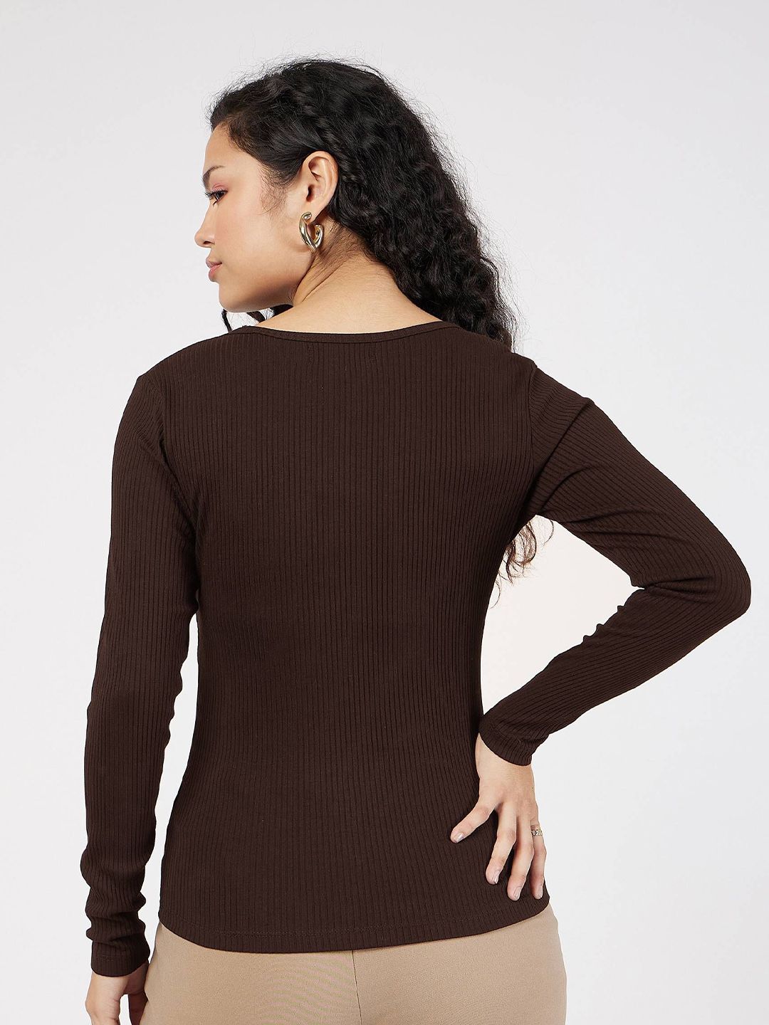 SASSAFRAS Women Rib Square Neck Full Sleeves Solid Top