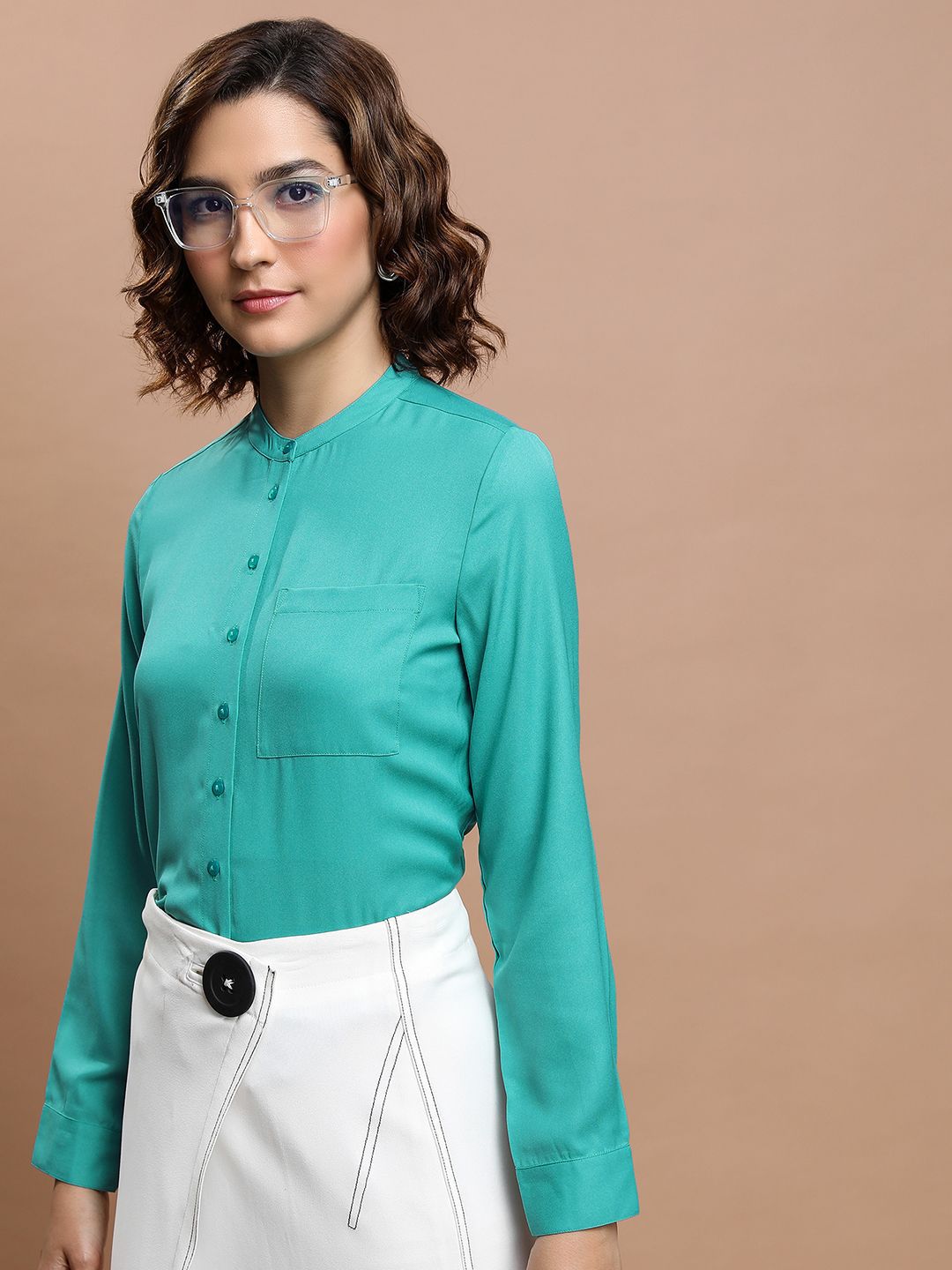 Tokyo Talkies Women Sea Solid Regular Fit Shirt
